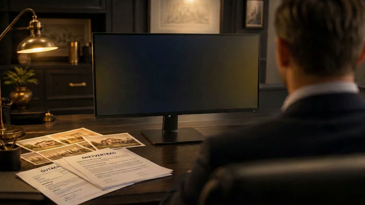 Makler am Schreibtisch, Mietvertrag und Monitor