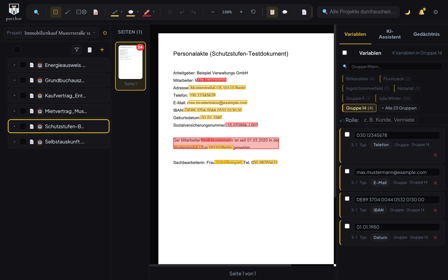 porthor: PDF-Viewer mit farbigen Schutzstufen-Markierungen im Dokument