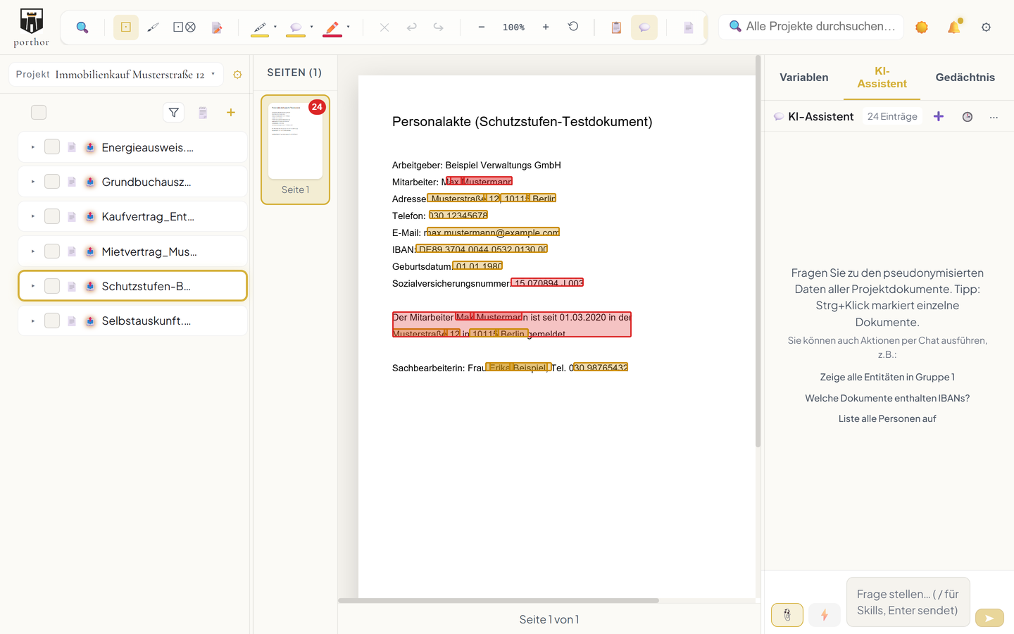 porthor: PDF-Viewer mit farbigen Schutzstufen-Markierungen im Dokument