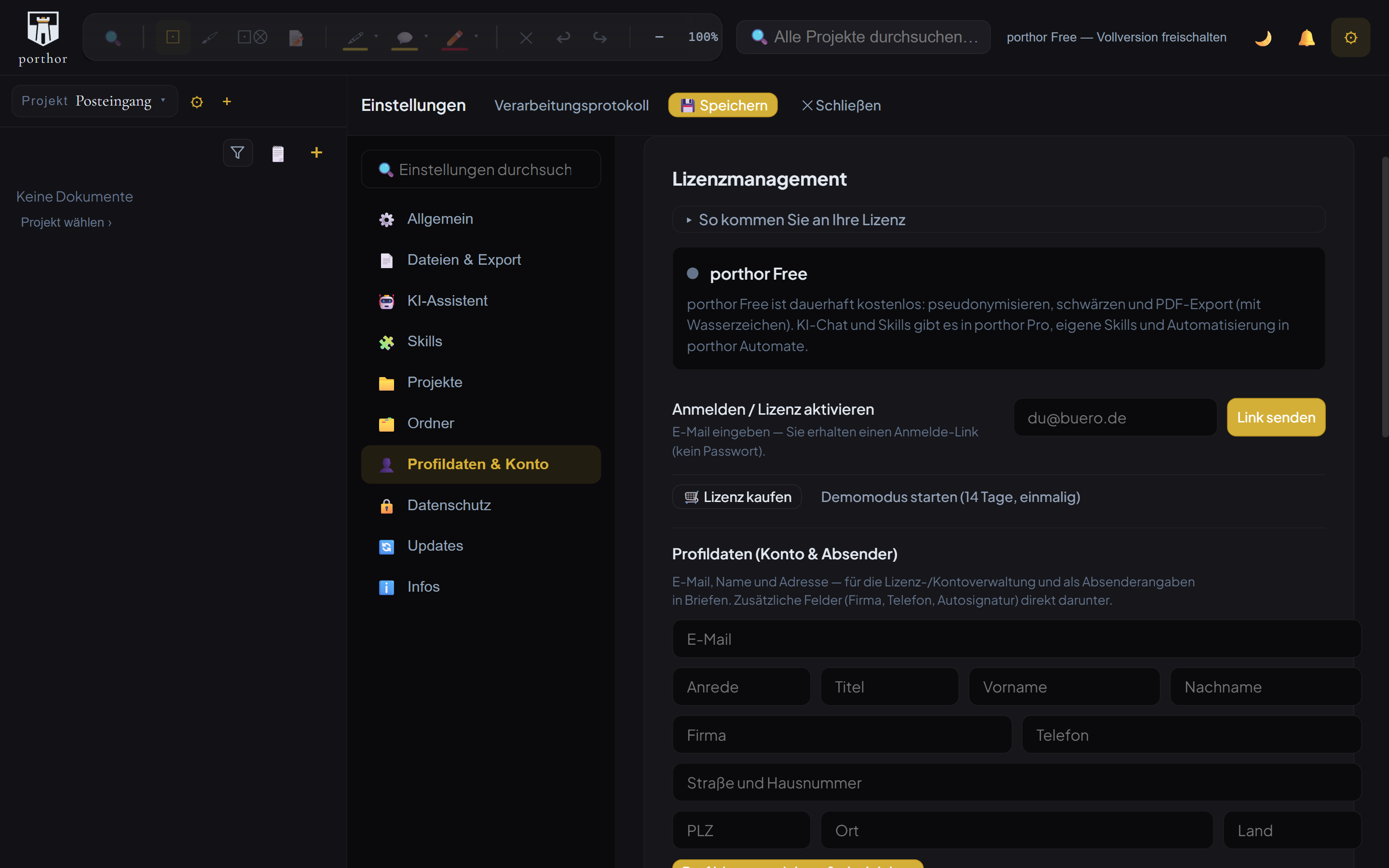 porthor, Einstellungen, Rubrik Profildaten und Konto: Der Abschnitt Lizenzmanagement zeigt den Status porthor Free, darunter das Feld für die E-Mail-Adresse und die Schaltfläche Link senden.