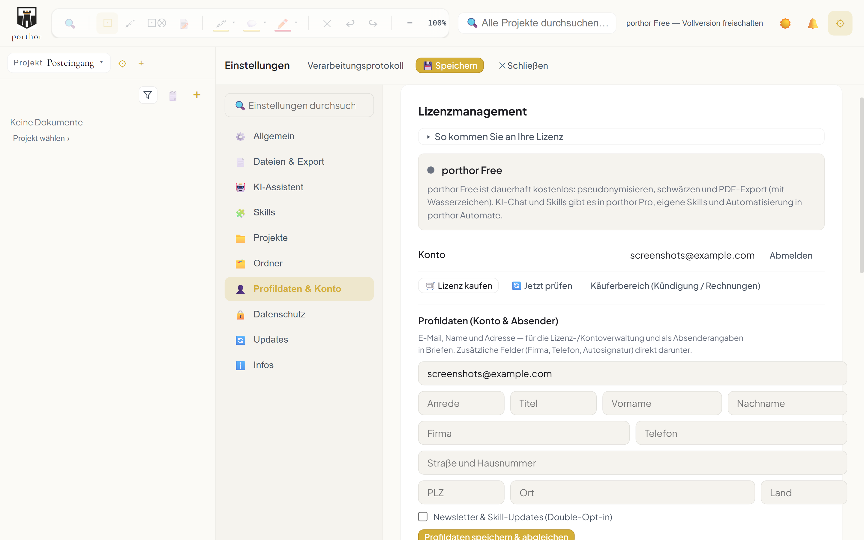 porthor, Einstellungen, Rubrik Profildaten und Konto: Der Abschnitt Lizenzmanagement zeigt den Status porthor Free, darunter das Feld für die E-Mail-Adresse und die Schaltfläche Link senden.