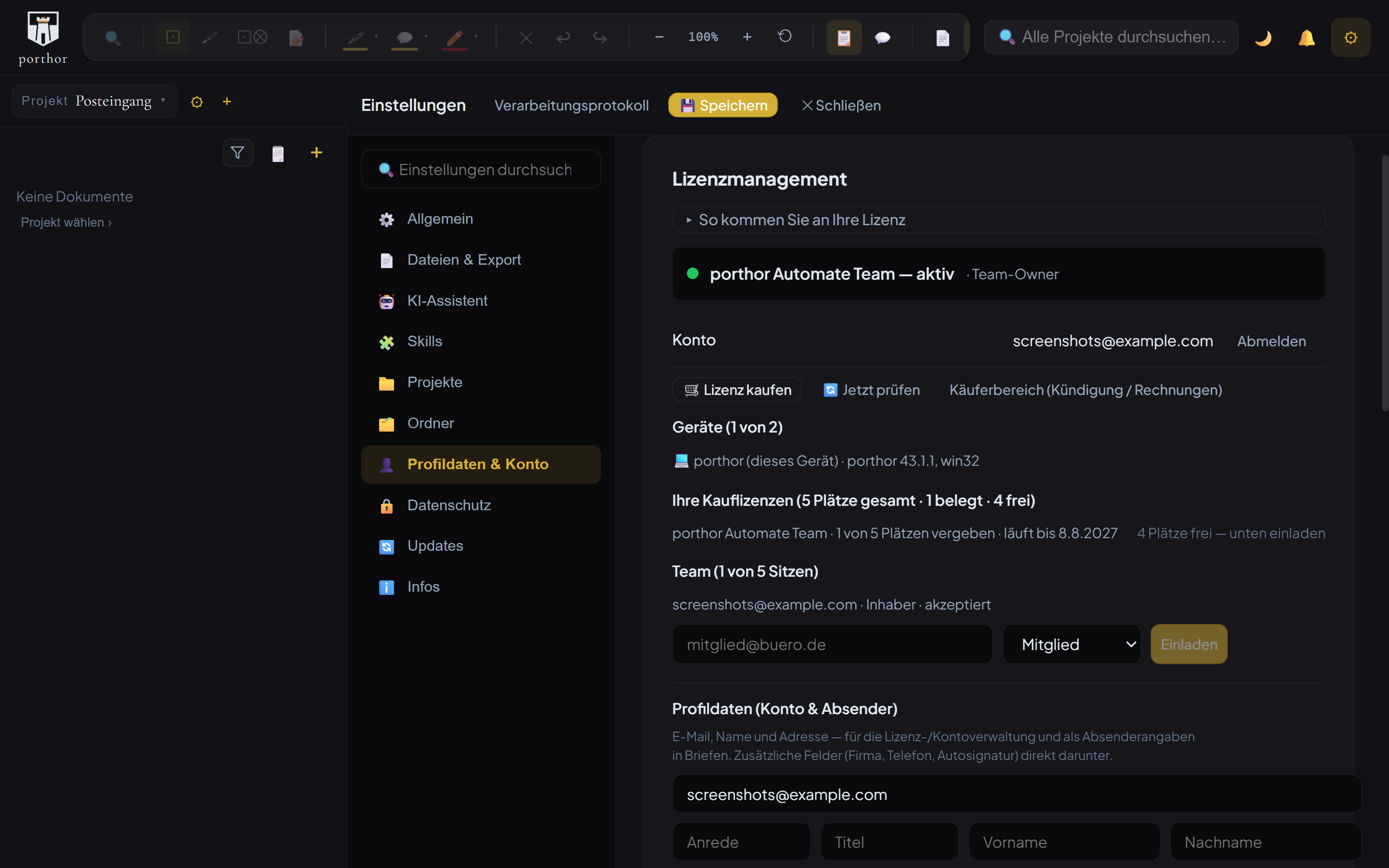 Lizenzmanagement nach der Anmeldung: Statuszeile porthor Automate Team, aktiv, Team-Owner. Darunter das Konto, die Geräteliste und die Übersicht der Kauflizenzen mit fünf Plätzen, einer belegt, vier frei.
