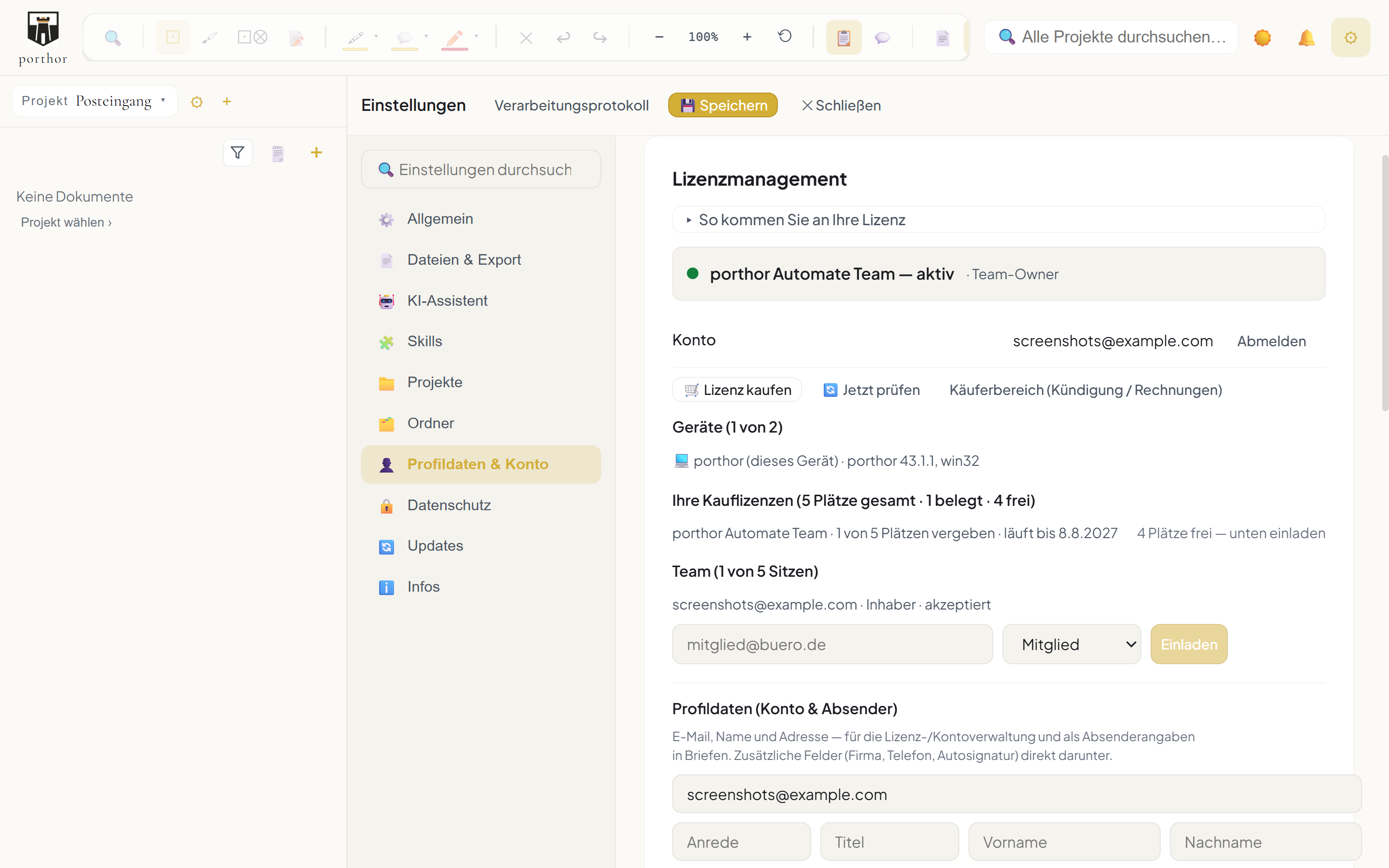Lizenzmanagement nach der Anmeldung: Statuszeile porthor Automate Team, aktiv, Team-Owner. Darunter das Konto, die Geräteliste und die Übersicht der Kauflizenzen mit fünf Plätzen, einer belegt, vier frei.